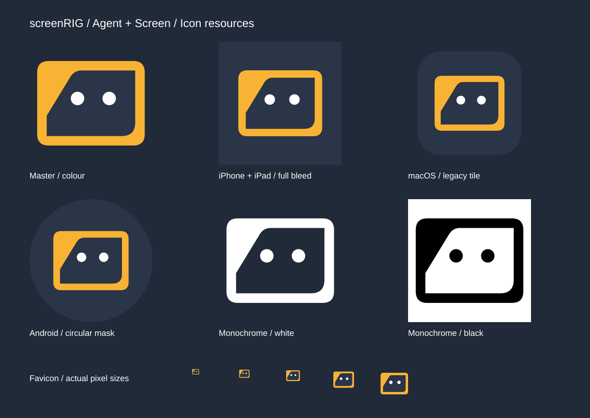 The screenRIG app icon across web, Android, iOS, macOS, Windows and Linux shapes