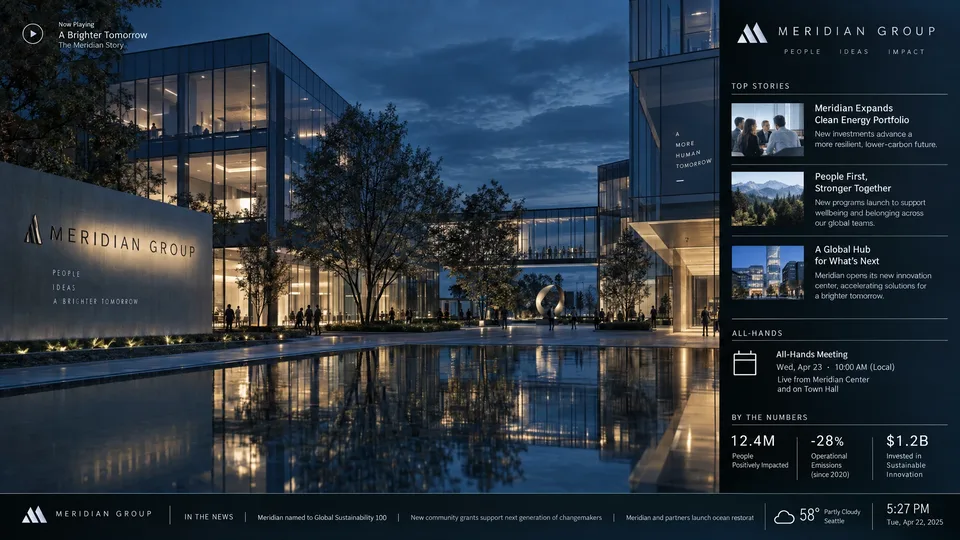 Meridian Group example corporate display with a news sidebar