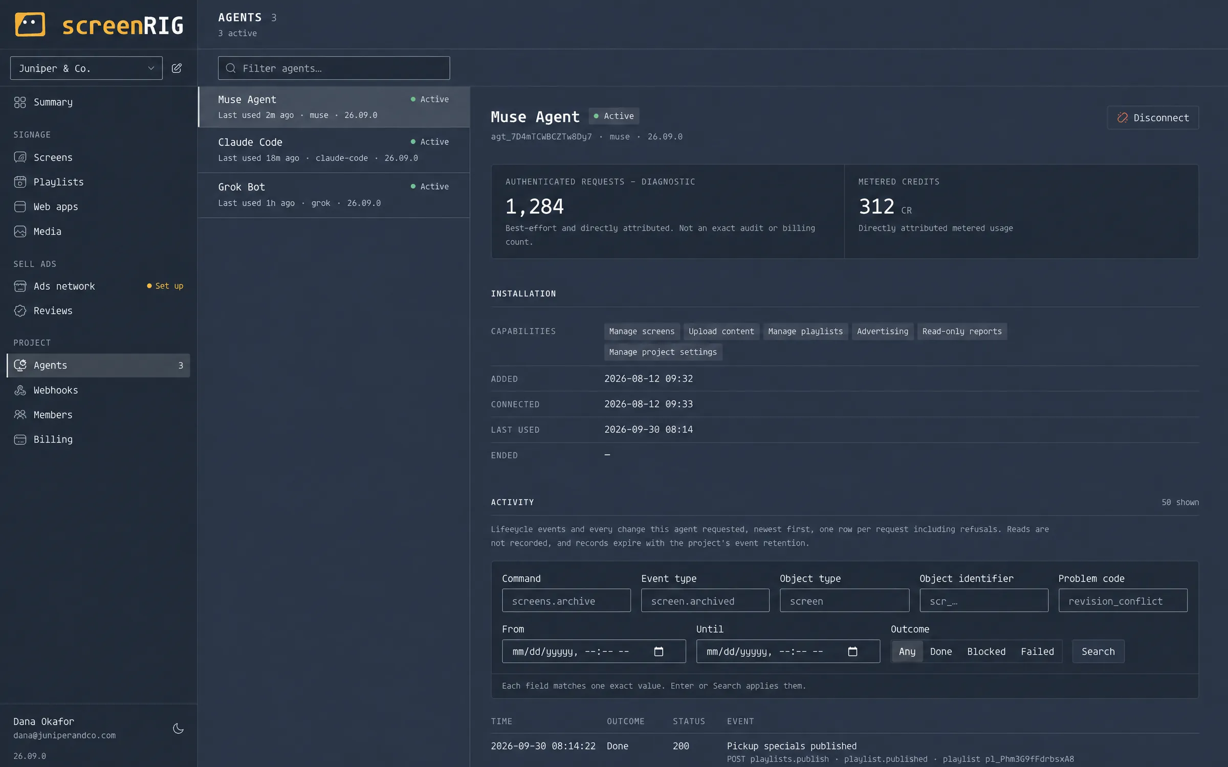 The Agents view: Muse Agent, Claude Code and Grok Bot connected, with Muse Agent’s capabilities and activity