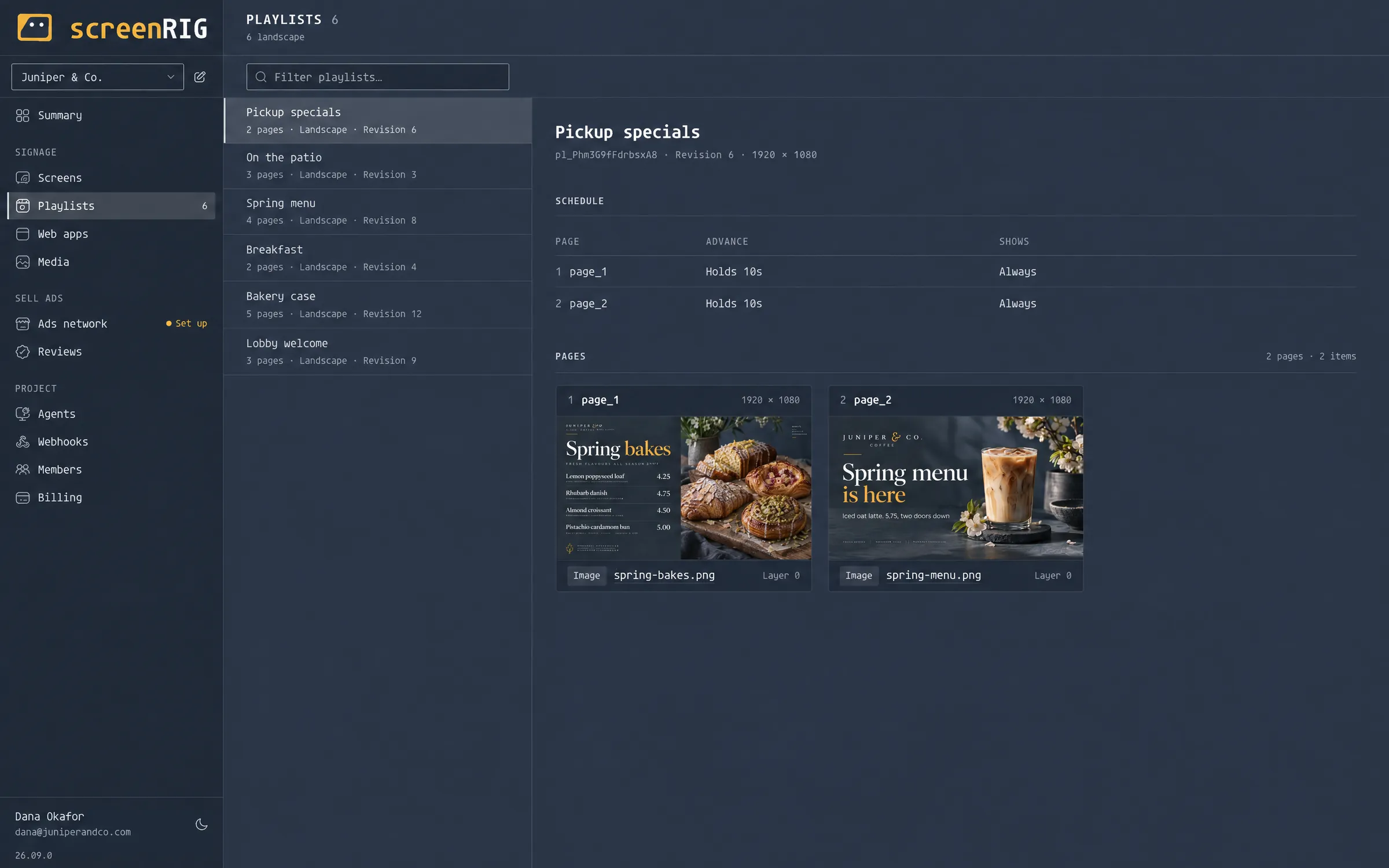 The Playlists view: the Pickup specials playlist at revision 6, its schedule and its two pages