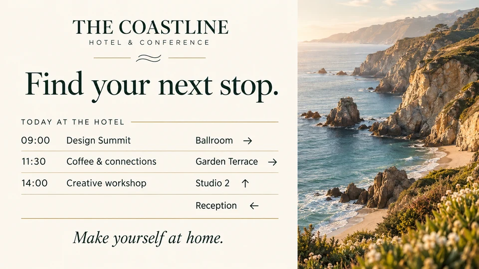 The Coastline example hotel display with event times and room directions