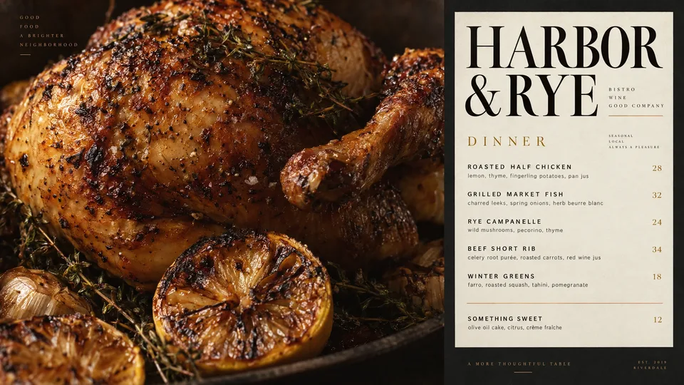 Example digital menu for Harbor & Rye, with food photography and a dinner menu