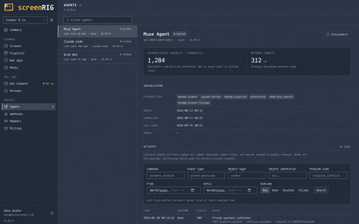 The agents connected to a project, their capabilities and activity.