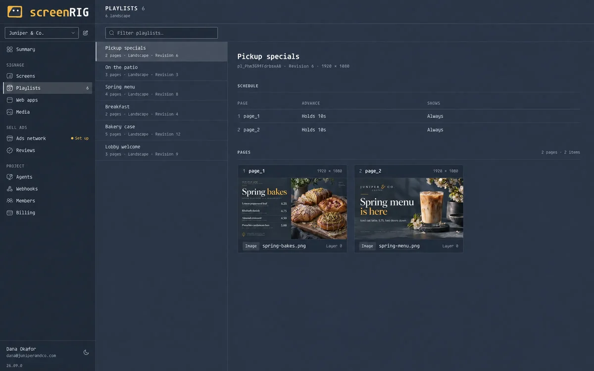 A playlist's schedule and pages.