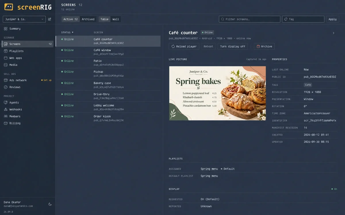 A screen's live picture, properties and playlist.