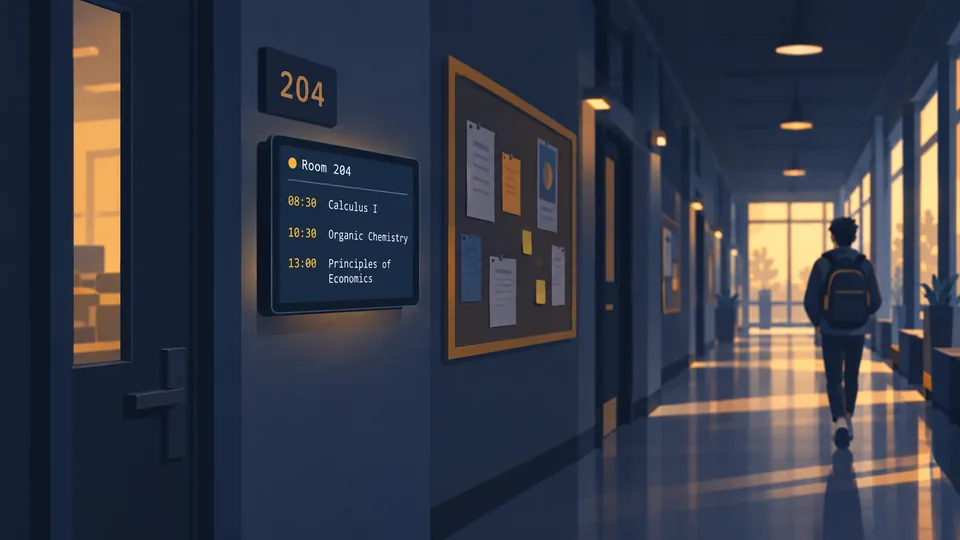 A room schedule beside a classroom door.