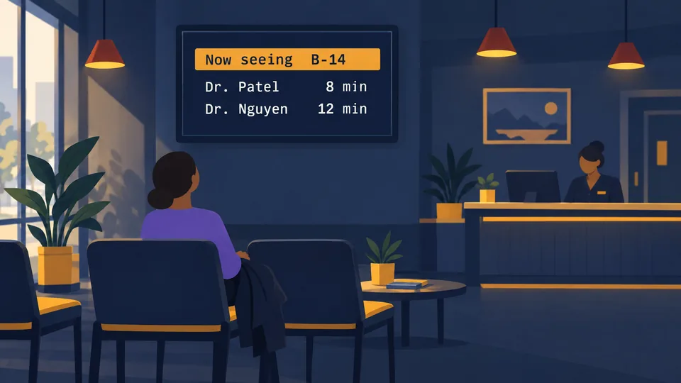 A waiting-room screen with the queue and wait times.