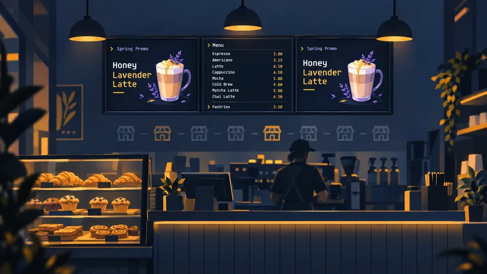 Matching menu boards behind a café counter.
