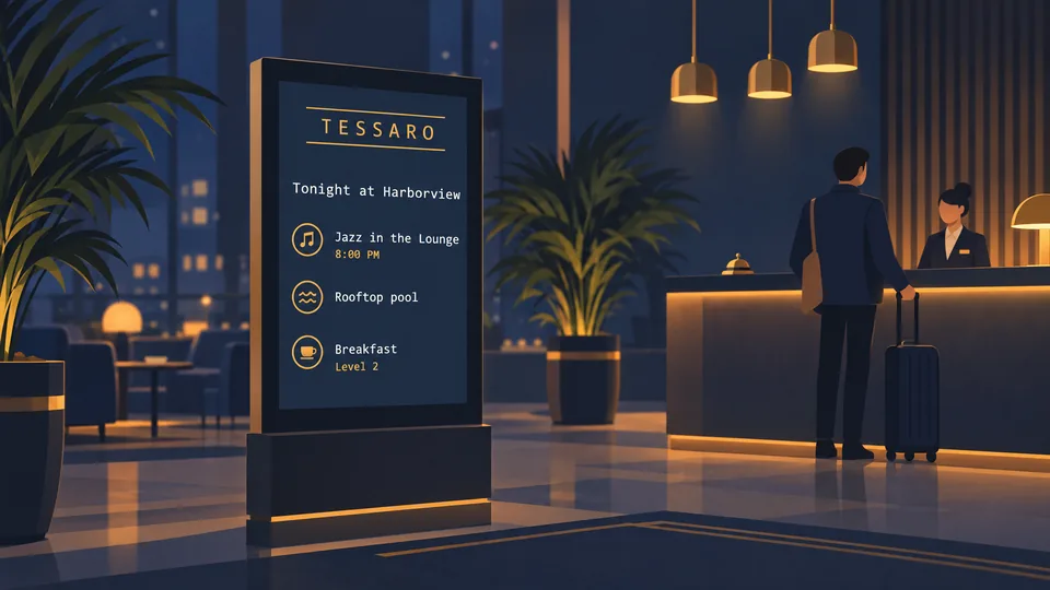 A guest screen with tonight's events in a boutique hotel lobby.