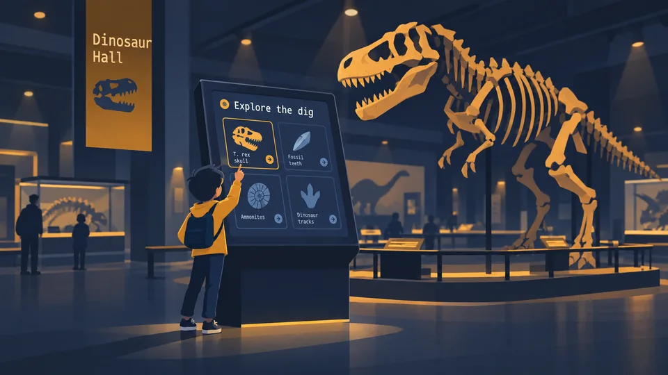 A child exploring an interactive exhibit kiosk.