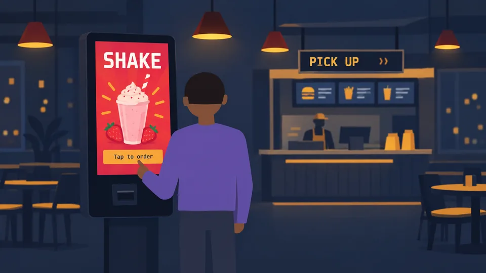 A self-service order kiosk and a pickup board at a burger counter.