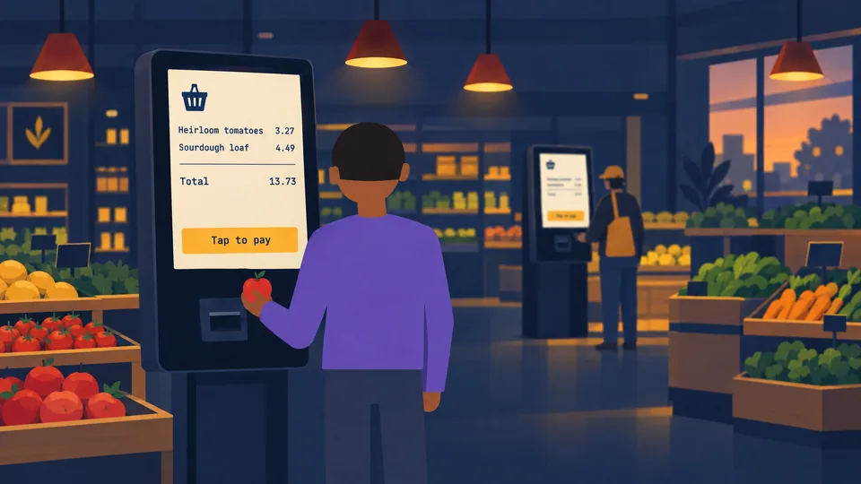 A shopper paying at a self-checkout kiosk.