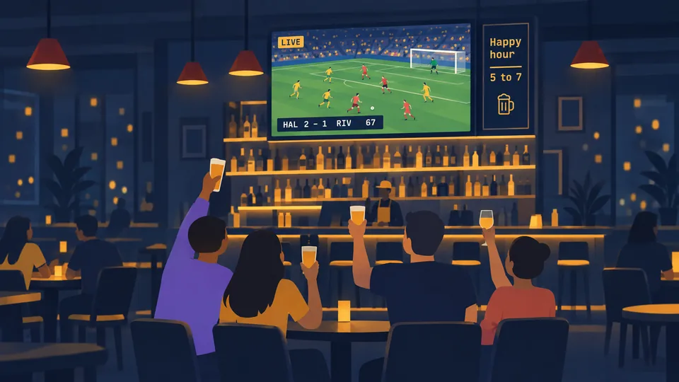 A live match stream with a happy hour panel above the bar.