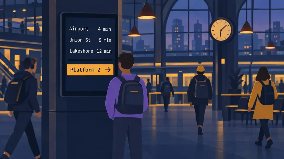 Departures and a platform arrow on a concourse wayfinding screen.
