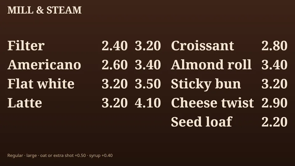 A café coffee and bakery menu.