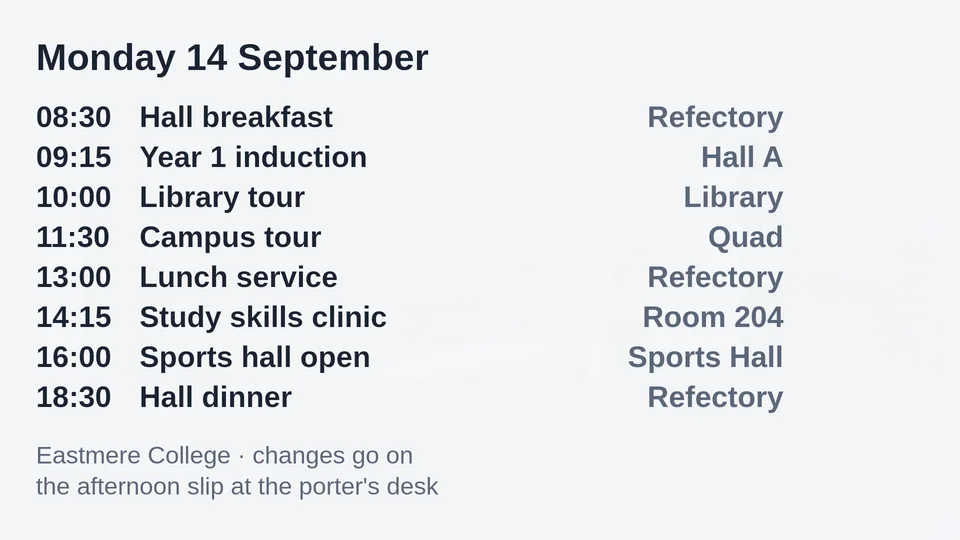 A college's daily schedule with times and rooms.