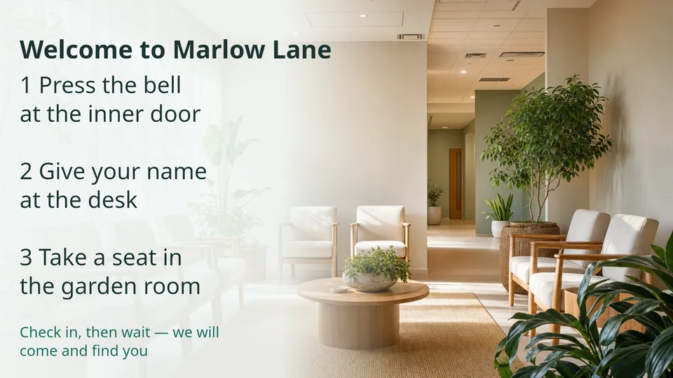 A clinic arrival screen with check-in steps.