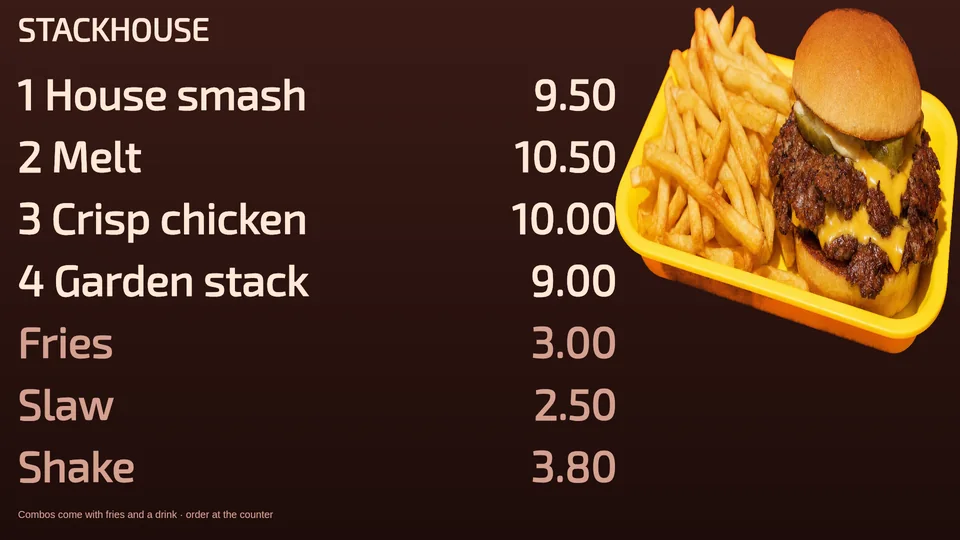 A restaurant menu board, full screen.