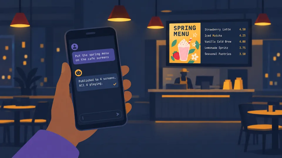 A person asks their agent to put the spring menu on the café screens, and the agent reports all four playing.