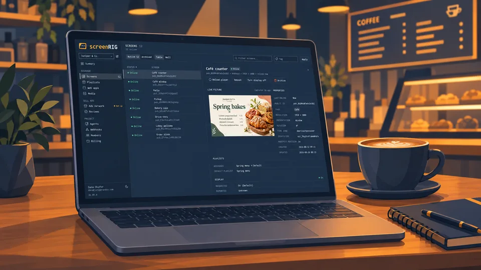 The dashboard's Screens view on a café counter.