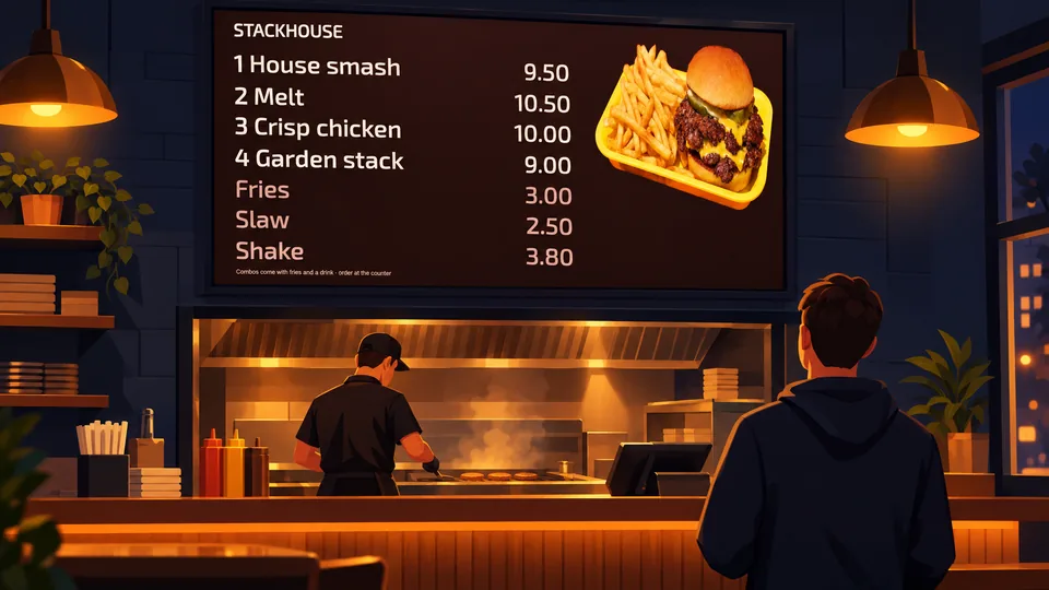 A burger menu playing full screen above the grill.