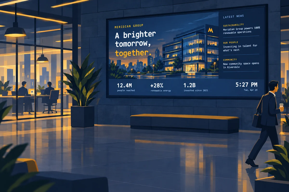 The Meridian Group news and metrics screen on the wall of an office lobby