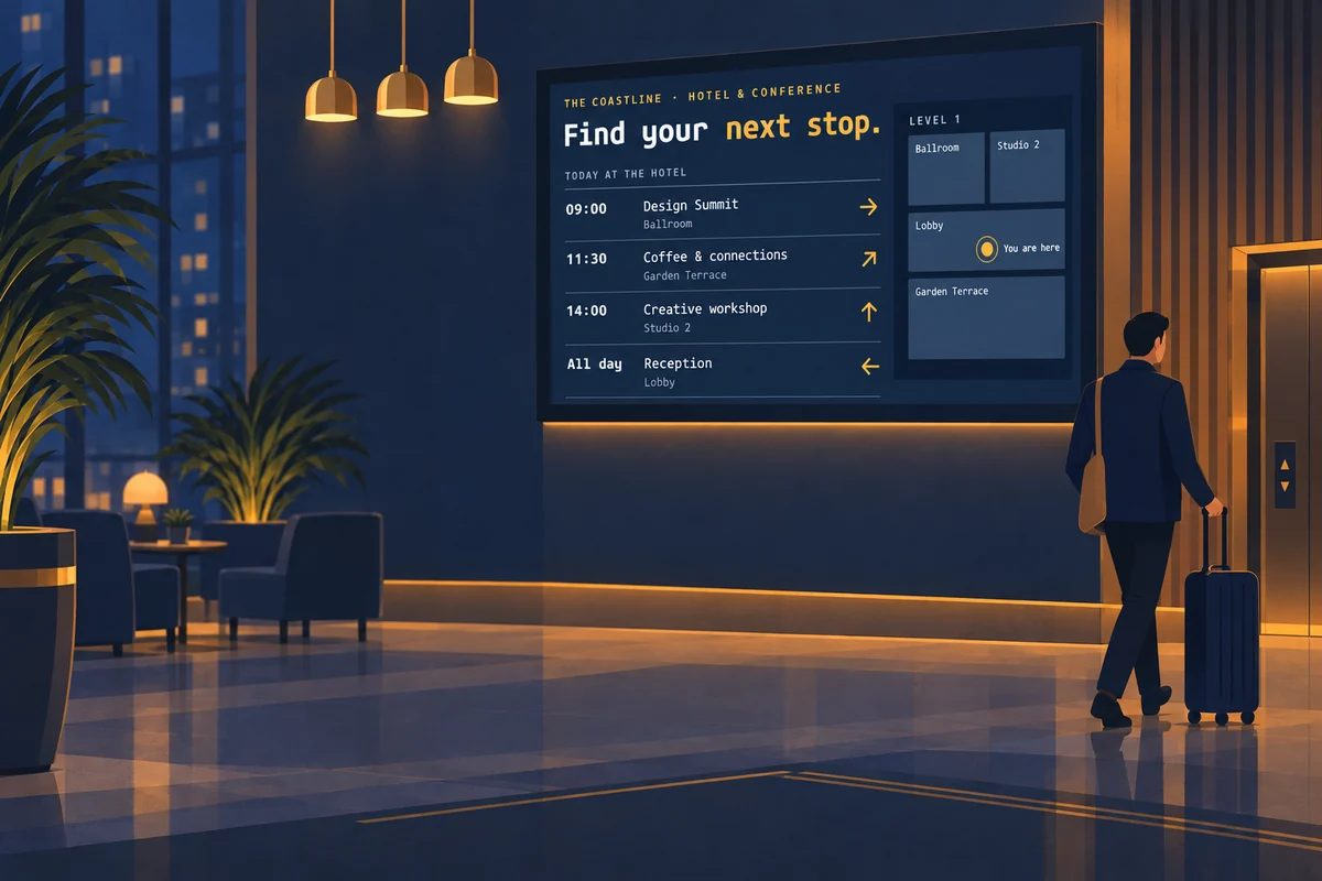 The Coastline hotel’s schedule and directions on a screen beside the lobby elevators