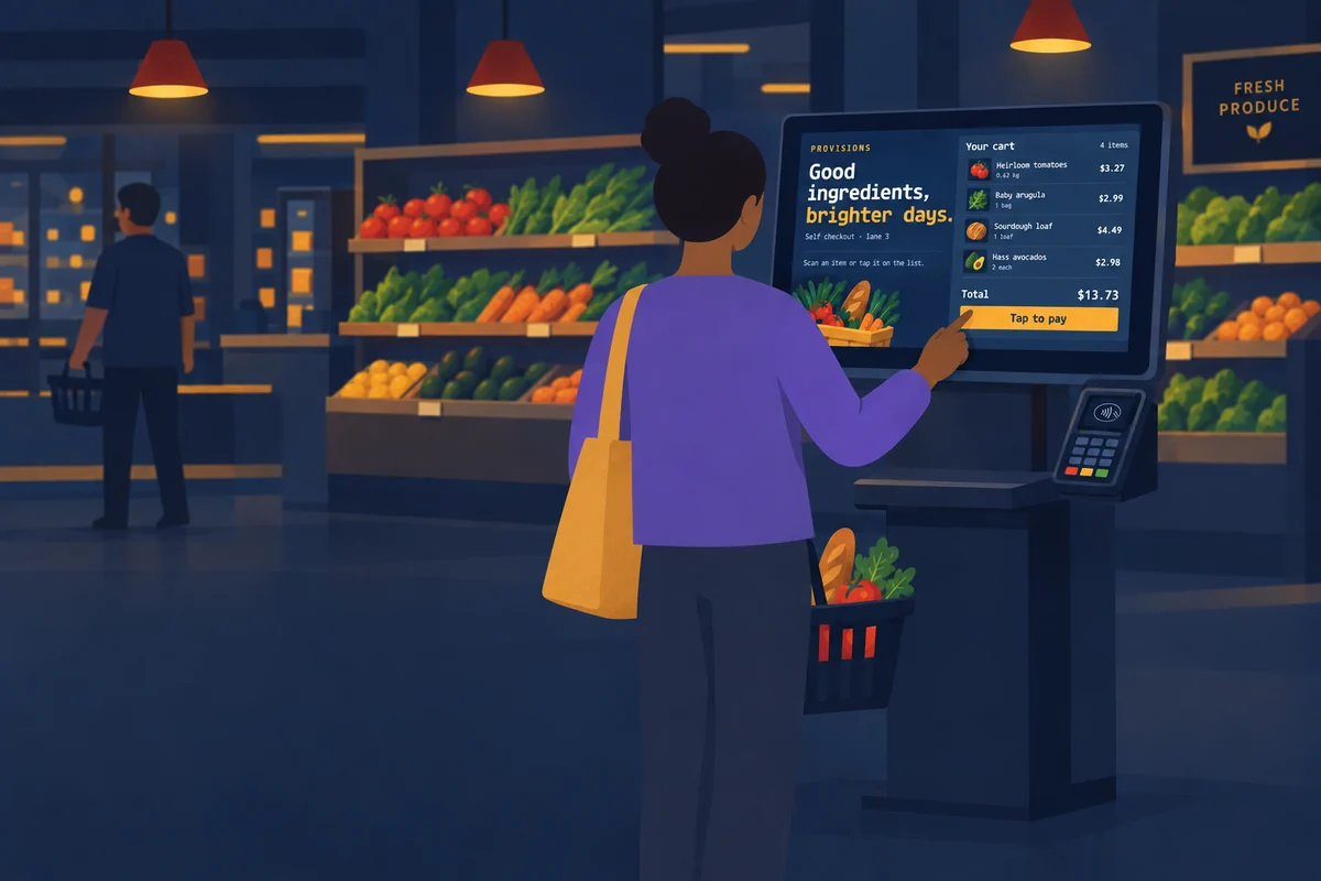 The PROVISIONS checkout on a self-service kiosk in a grocery store