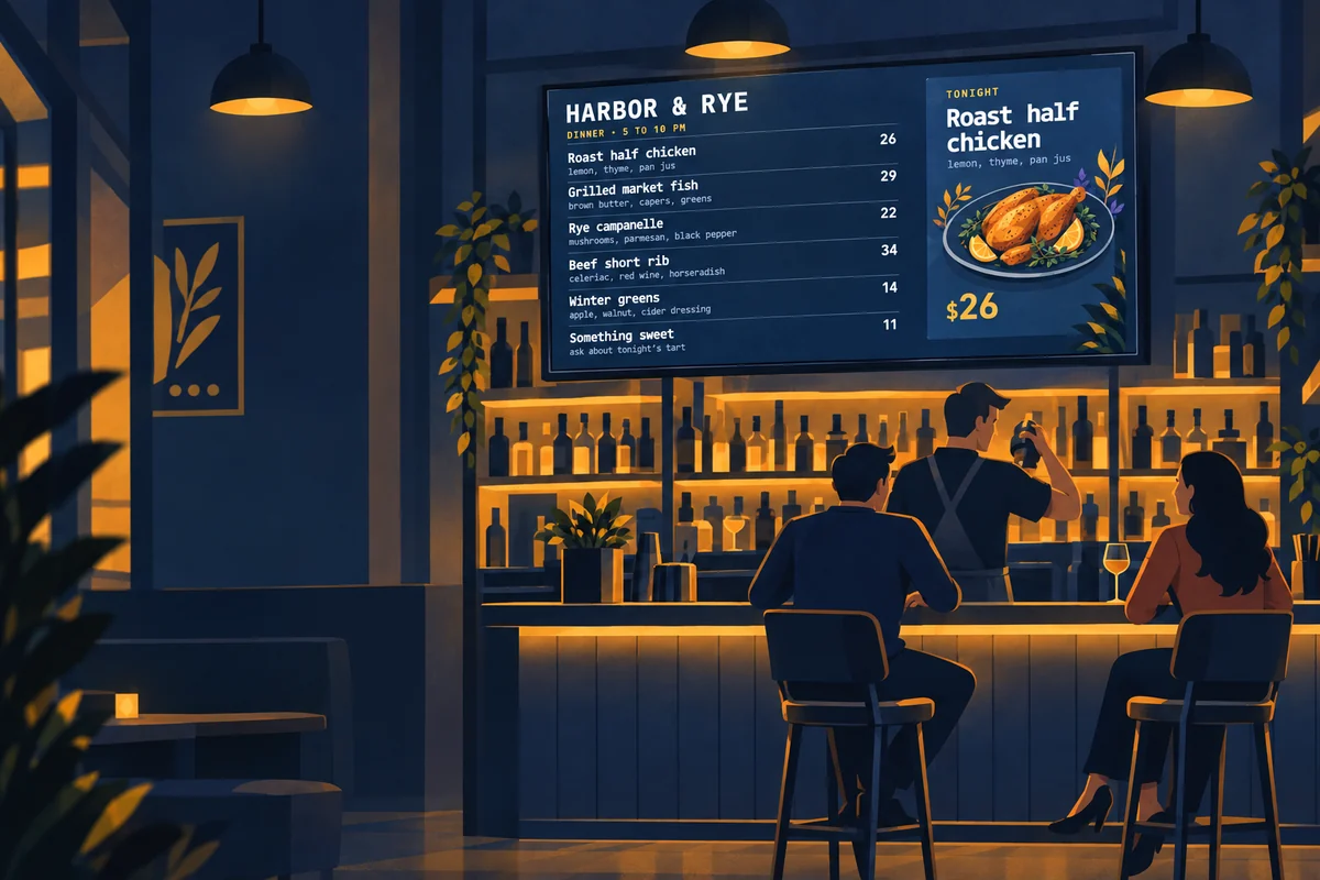 The Harbor & Rye dinner menu on the screen above a bistro bar