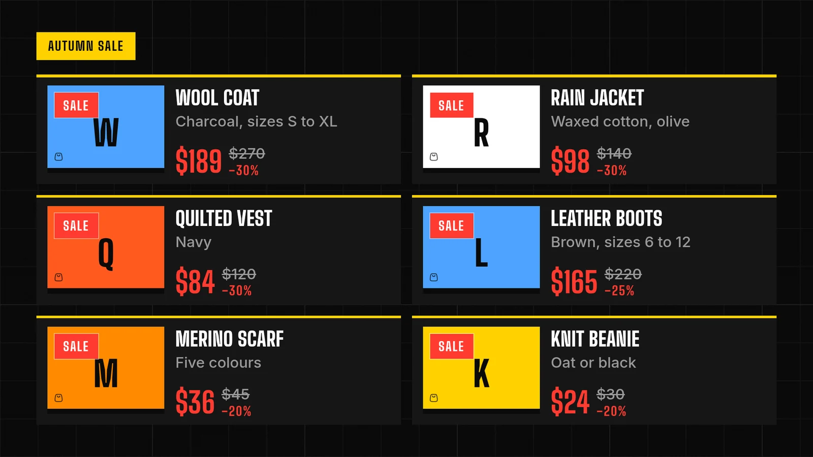Six sale items in two columns, each with a Sale tag, its new price, the old price struck through and the percent off.