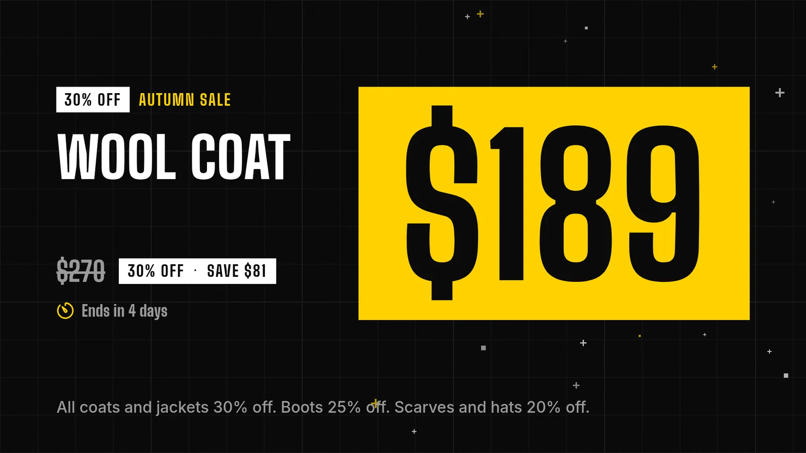 The window screen showing a wool coat at $189, down from $270, with 30 percent off, save $81 and ends in 4 days, in black and yellow type.
