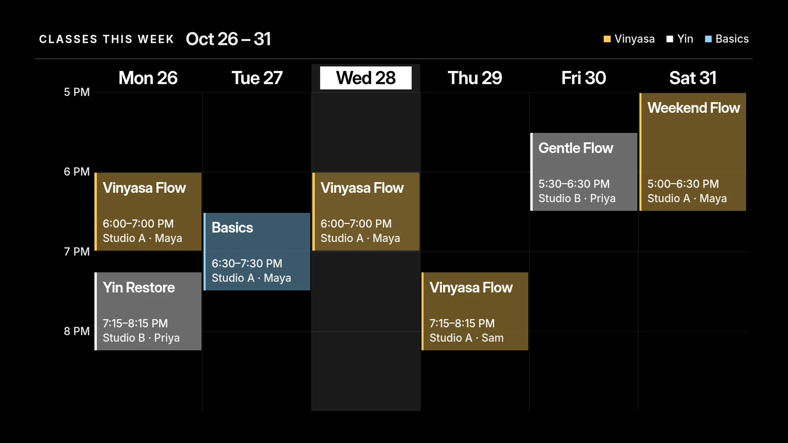 The same class grid with Thursday's 6 pm Yin Restore gone, so Thursday shows only Vinyasa Flow at 7:15 pm.