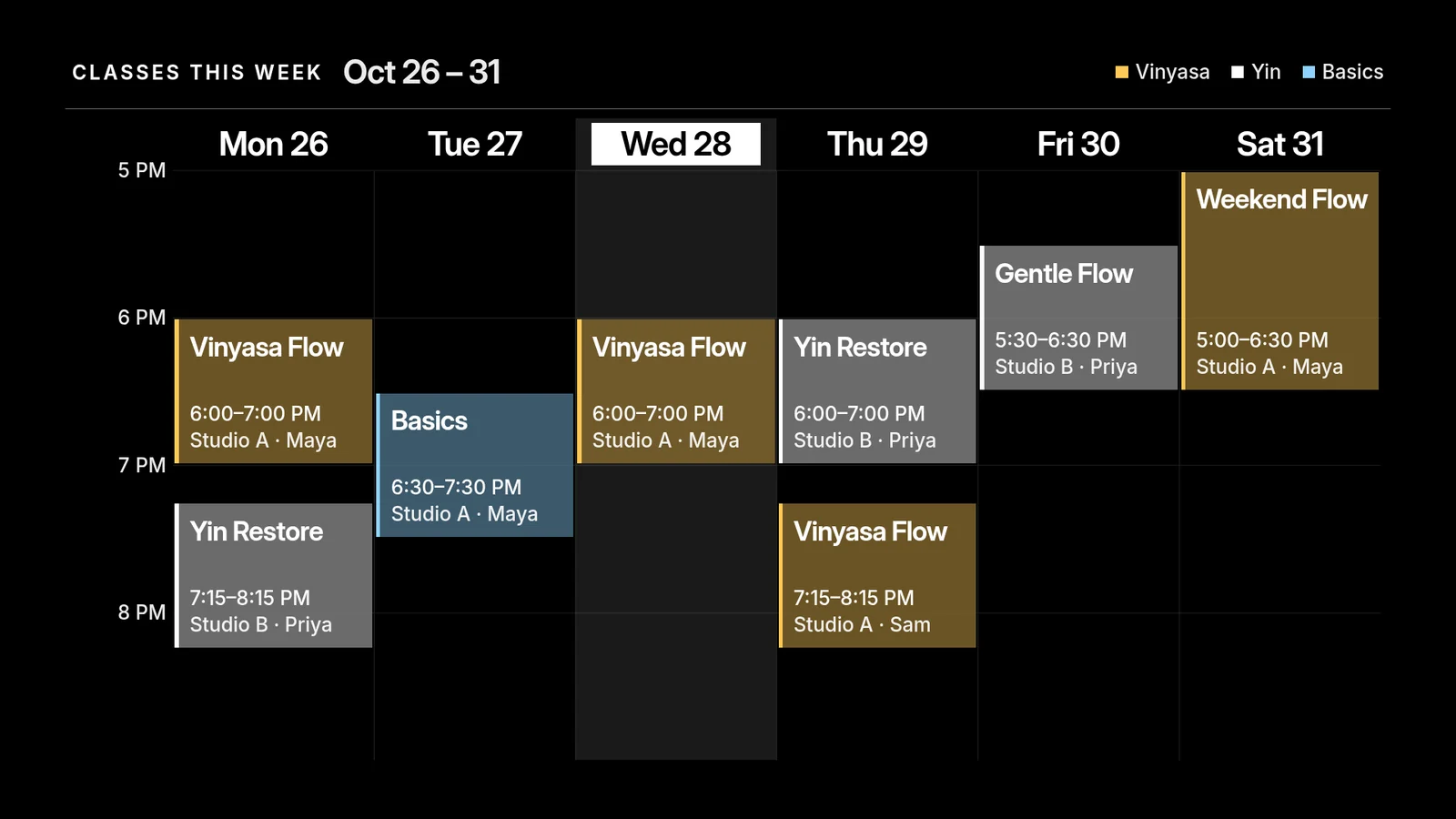 The lobby TV showing a Monday to Saturday grid of yoga classes on black, with Vinyasa, Yin and Basics classes in three colours and no logo or watermark.