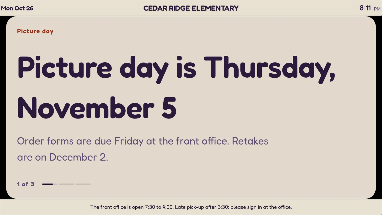 A school announcement, Picture day is Thursday, November 5, under a Cedar Ridge Elementary bar with the date and time, and office hours along the foot.