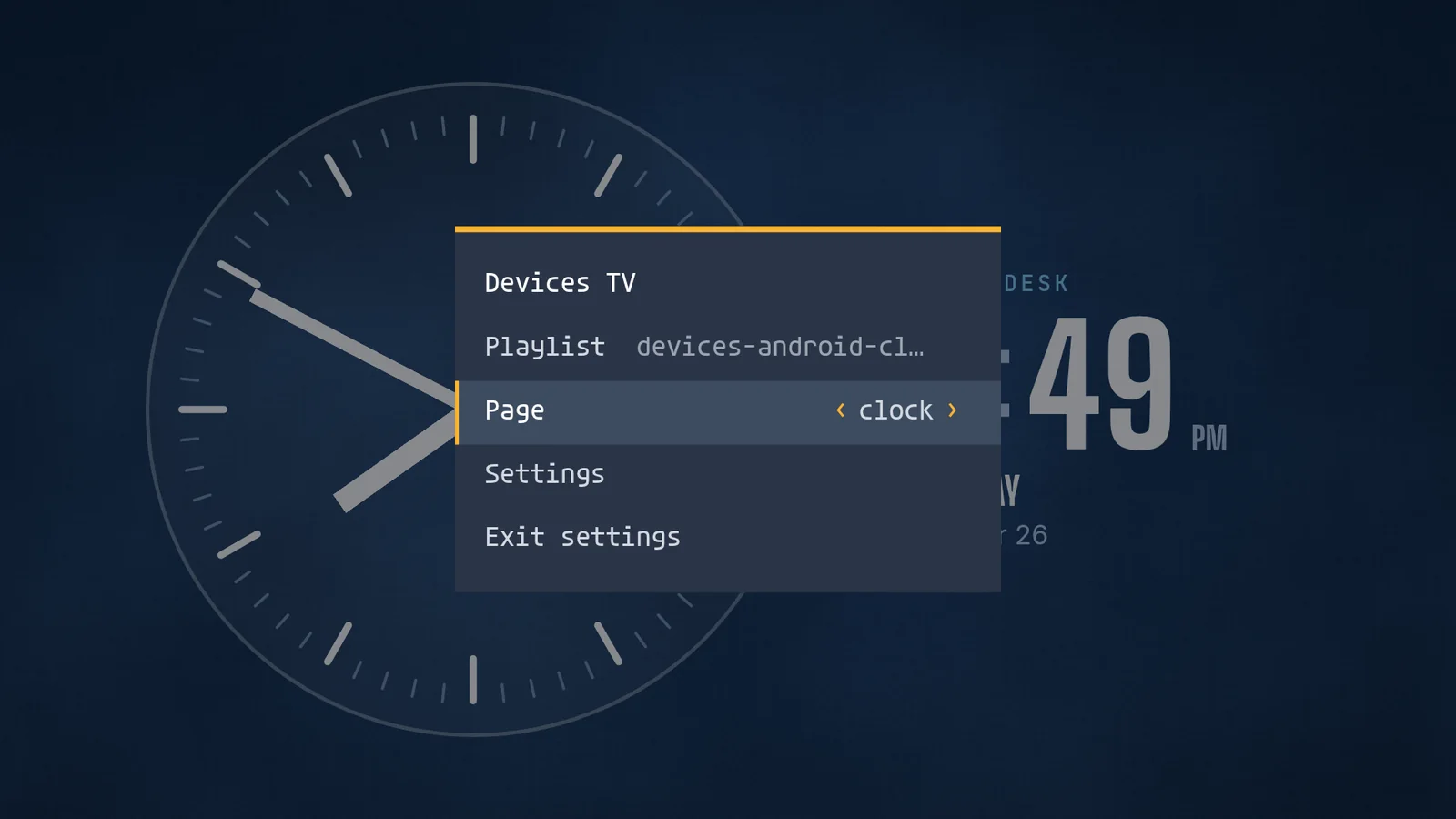 The Player's menu over a playing clock page: the screen name Devices TV, a Playlist row, a highlighted Page row with arrows, Settings and Exit settings