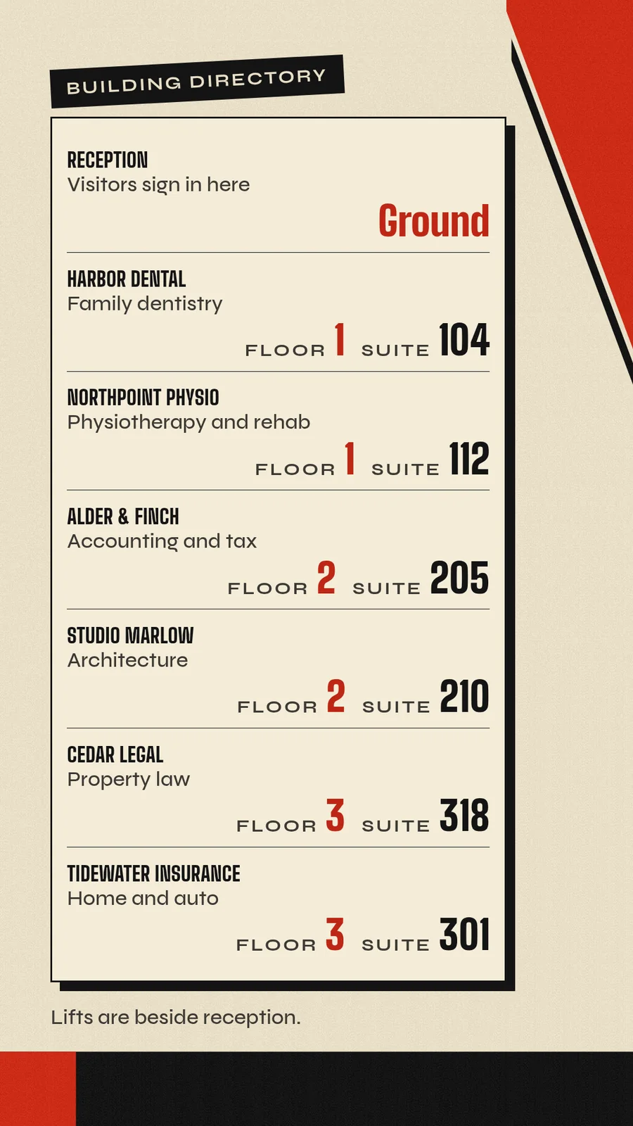 A tall building directory in a cream and red poster style: Reception on Ground, then Harbor Dental, Northpoint Physio and four more tenants, each with a floor