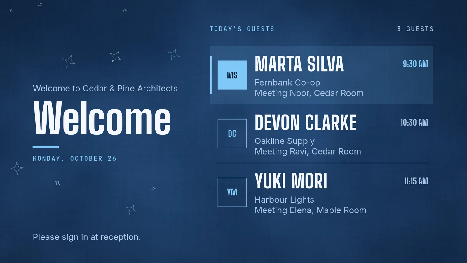 The same welcome board after the change: Devon Clarke now at 10:30 AM, meeting Ravi in the Cedar Room, with the other guests, the heading and the note unchanged