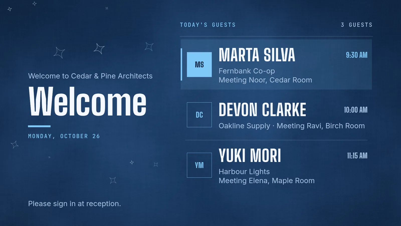 A navy welcome board in the Cyanotype theme: Welcome to Cedar & Pine Architects, today's date, and three guests with times, companies and the person they meet
