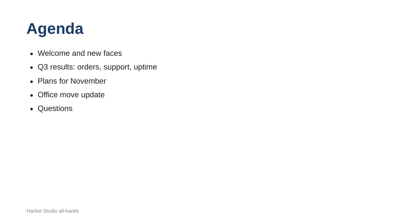 A white slide titled Agenda with five bullets in modest type at the left and most of the screen empty