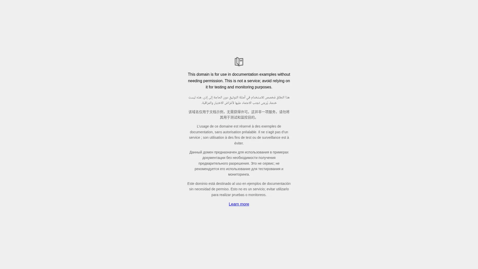 example.com full screen in the web Player: a grey page with a short notice about documentation examples in several languages and a Learn more link