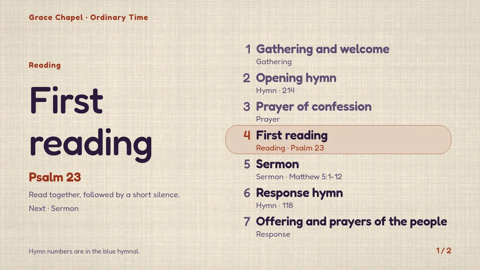 The same order of service with the first reading, Psalm 23, highlighted and a note that it is read together, then a short silence