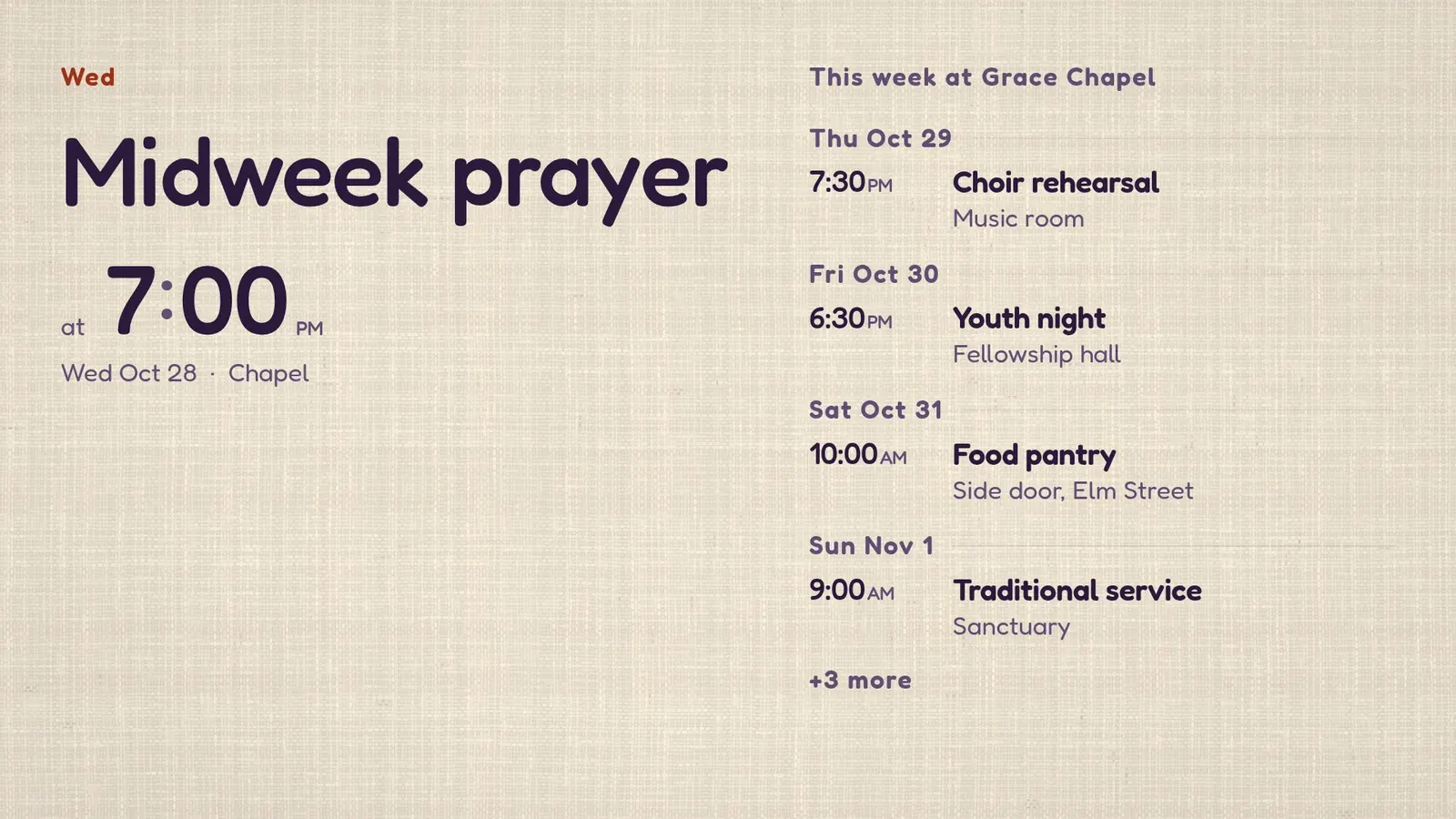The Grace Chapel lobby screen: Midweek prayer at 7:00 PM featured, with choir rehearsal, youth night, food pantry and Sunday service listed beside it