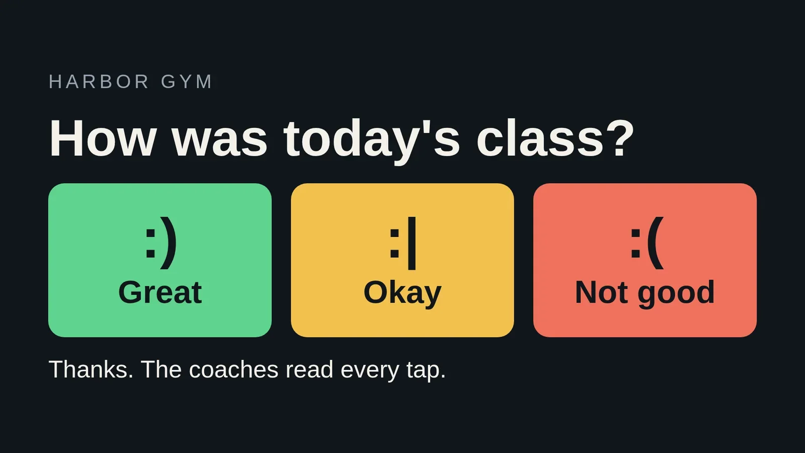 The same kiosk with the question changed to How was today's class? and the line Thanks. The coaches read every tap. shown under the buttons after a tap