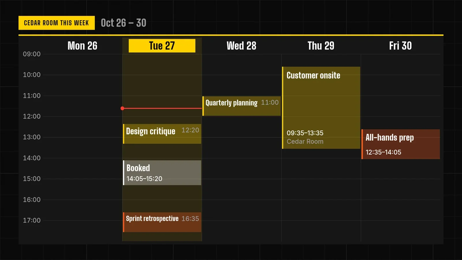 The Cedar Room week as a grid from Monday to Friday, with Tuesday highlighted and Design critique, Booked and Sprint retrospective on it