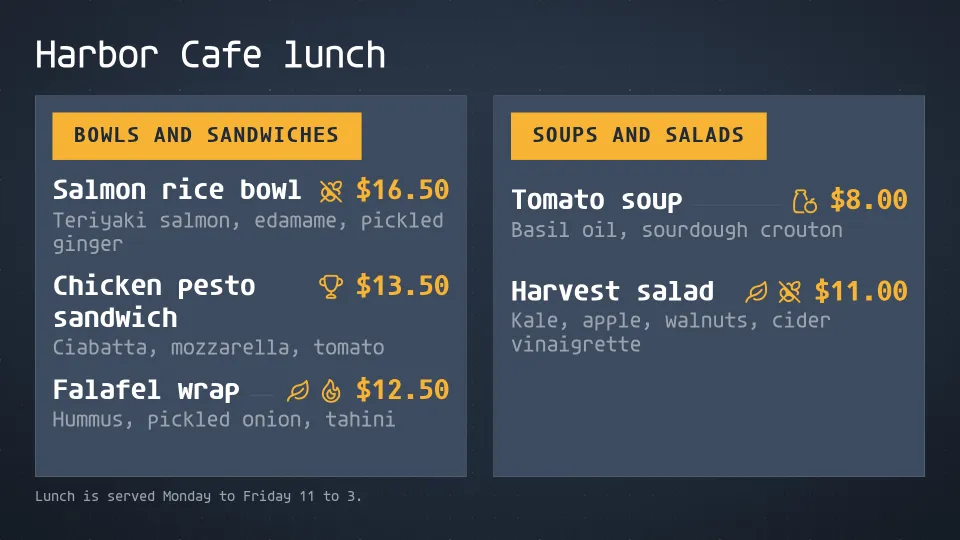 The Harbor Cafe lunch menu on the lobby TV in two columns, Bowls and sandwiches and Soups and salads, each dish with its price and dietary marks