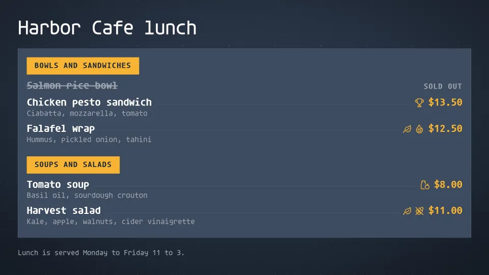 The same lunch menu with the Salmon rice bowl struck through and marked sold out, and the dishes now in one column