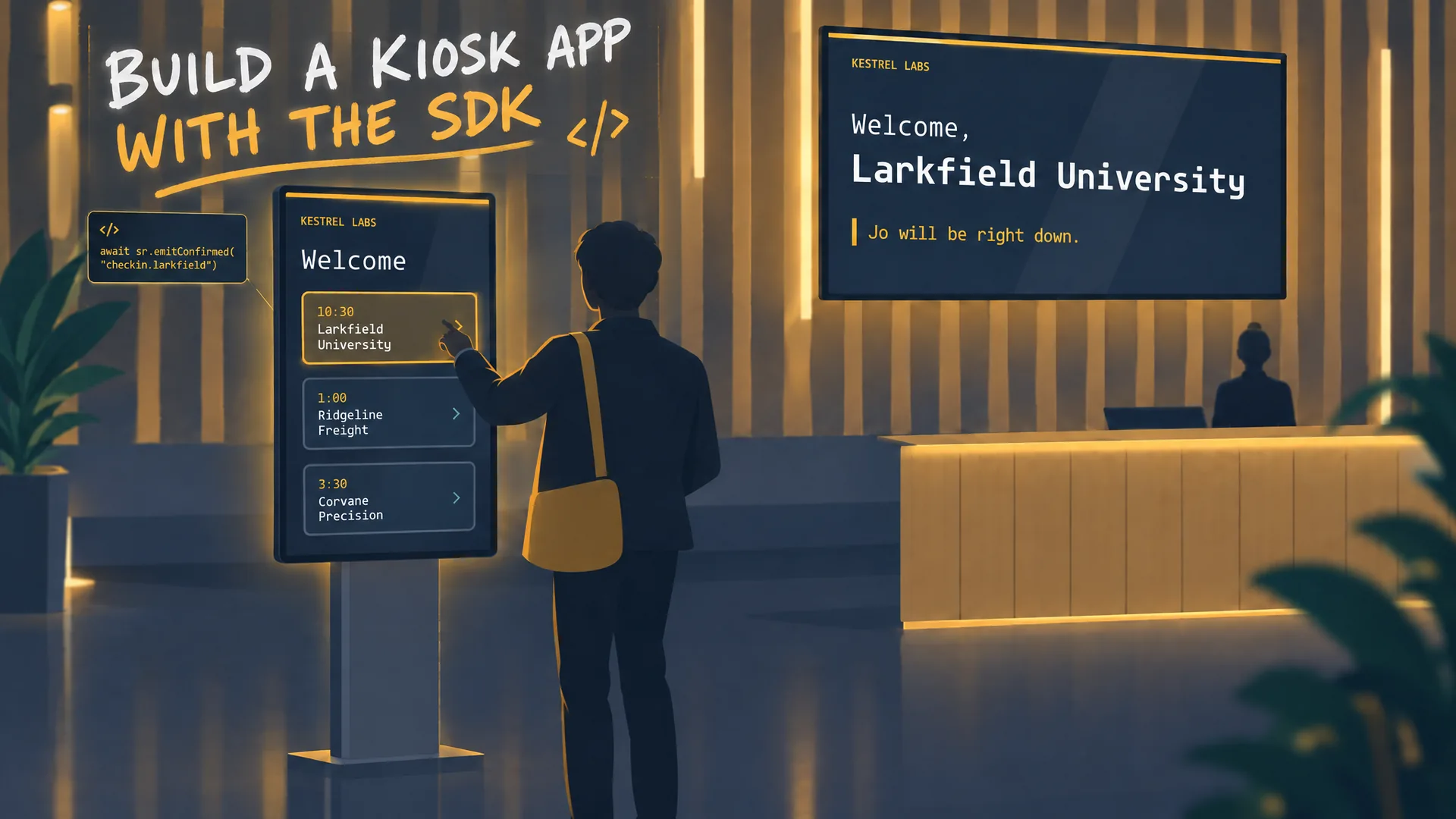 A visitor tapping a lobby check-in kiosk under a welcome wall