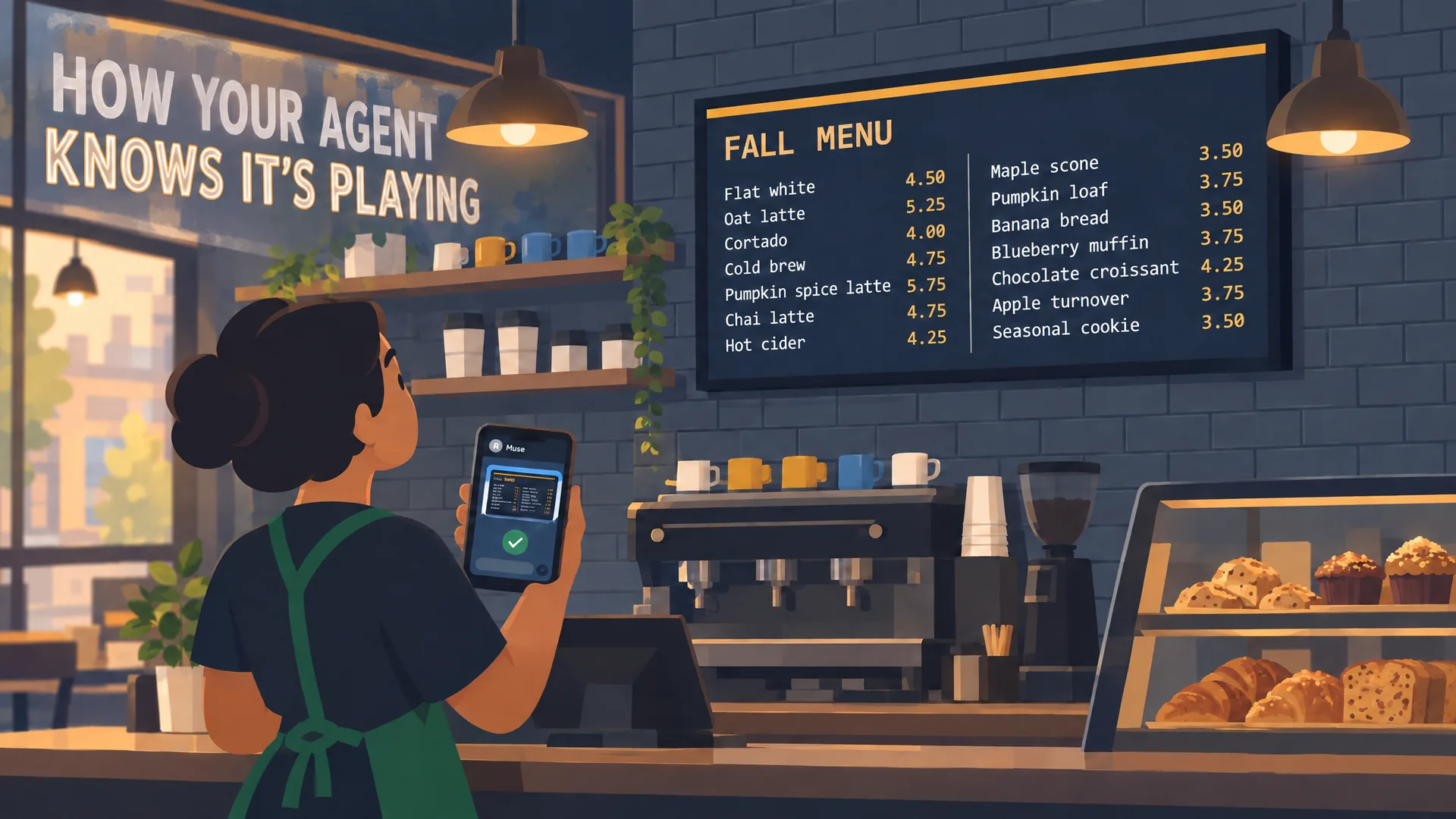A café owner holding up a phone with a screenshot of the menu board behind the counter