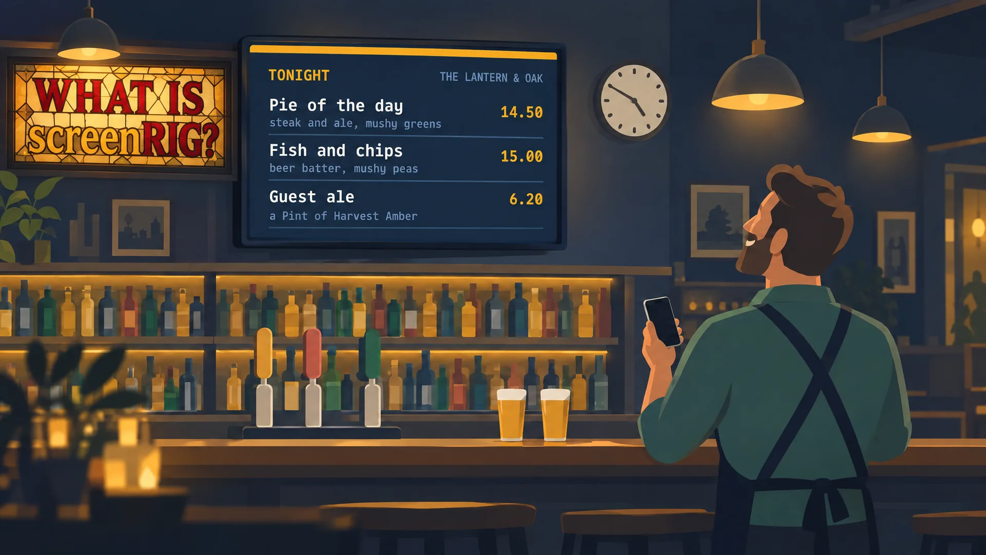 A pub owner holding a phone, looking up at the TV above the back bar showing tonight's specials, under a stained-glass sign reading What is screenRIG?