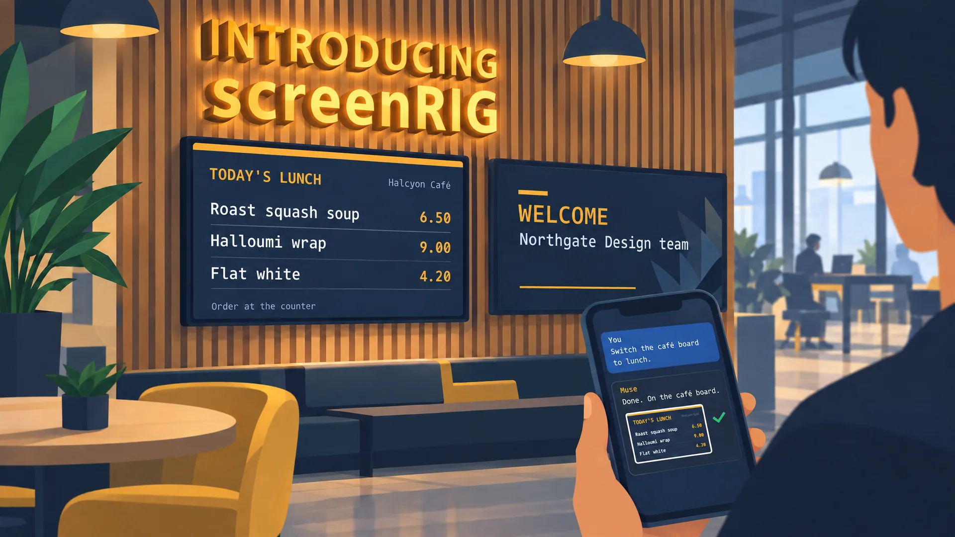 A café menu screen showing today’s lunch, with the answer on a phone